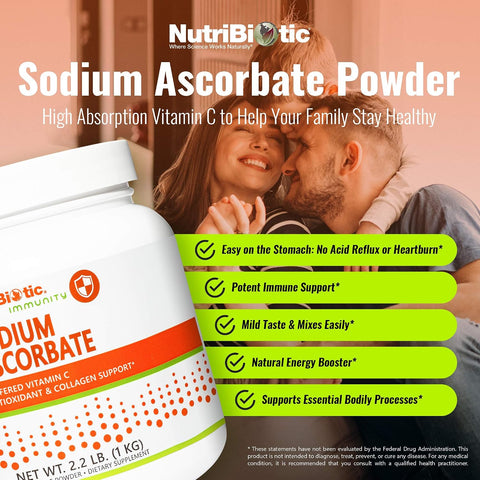 Nutribiotic - Sodium Ascorbate Buffered Vitamin C Powder 2.2 Lb Vegan Non-Acidic & Easier On Digestion Than Ascorbic Acid Essential Immune Support & Antioxidant Supplement Gluten & Gmo