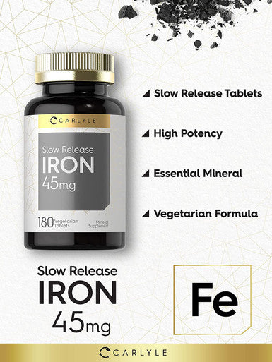 Slow Release Iron 45 mg | 180 Tablets | Vegetarian, Non-GMO, and Gluten Free Formula | Ferrous Sulfate Mineral Supplement | by Carlyle
