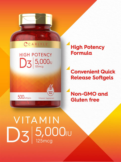 Carlyle Vitamin D3 5000 IU Softgels 500 Count Value Size NonGMO and Gluten Free Supplement High Potency Formula 125mcg