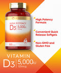 Carlyle Vitamin D3 5000 Iu Softgels 500 Count Value Size Non-Gmo And Gluten Free Supplement High Potency Formula 125Mcg