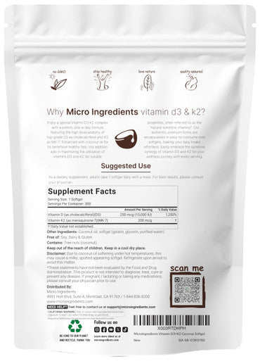 Micro Ingredients Vitamin D3 10,000 IU + K2 MK-7 200 mcg 300 Softgels