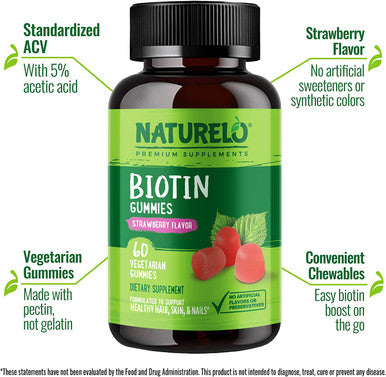 NATURELO Biotin Gummies - Supports Healthy Hair, Skin & Nails - High Potency 2500 mcg - Non GMO, Gluten Free - 60 Gummies