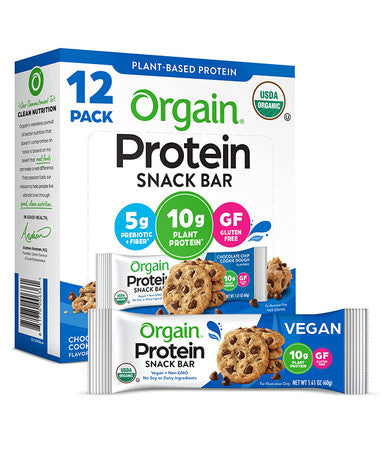 Orgain Organic Plant Based Protein Bar Chocolate Chip Cookie Dough 10g of Protein Vegan Gluten Non Dairy Soy Lactose Kosher NonGMO 1.41 Ounce 12 Count