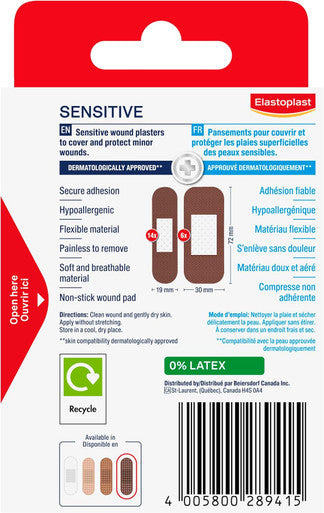 Elastoplast Sensitive Hypoallergenic Dark Skin Tone Plasters (20 Pieces), Painless Removal, Breathable Fabric, 19G, Large, 1 Count