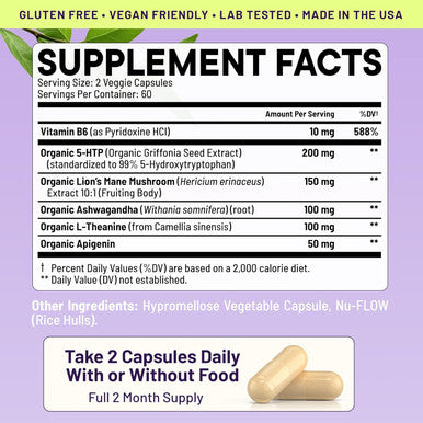 Nootrix Organic Plant 5Htp+ Cofactor Vitamin B6, Lions Mane, Apigenin, L Theanine Supplement W Ashwagandha - Brain Supplement - Supports Mood, Cognition, Better Sleep - 5 Htp - 120 Vegetable Capsules