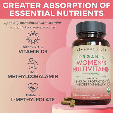 Organic Multivitamins for Women with Probiotics (90 Tablets) Ãƒâ€šÃ¢â‚¬â€œ Women Multivitamins for Daily Energy, Digestive Health and Immune Support Supplement with Vitamin B12, C, D and E, Iron, Folate.