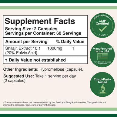 Shilajit Resin Capsules 20 Fulvic Acid Supplement 1000mg per Serving 120 Count No Fillers Manufactured in The USA by Double Wood Supplements