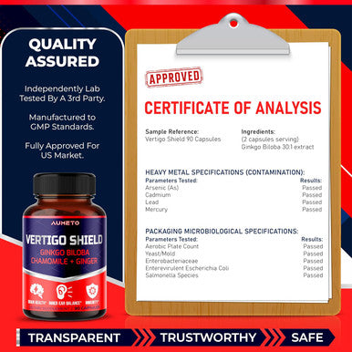 Aumeto Vertigo Support Complex with Ginkgo Biloba Chamomile Ginger Vitamin D3 B12 - Advanced 14-in-1 Formula for Spinning Dizziness Inner Ear Balance - Made in The USA
