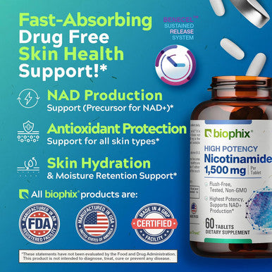 Biophix B-3 Nicotinamide 1500 Mg 60 Tablets Maximum Strength - Nicotinic Amide Niacin Natural Flush- Vitamin Formula - Supports Skin Cell Health