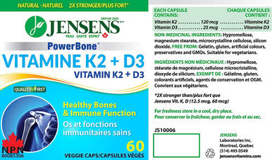 PowerBone: Healthy Bones & Osteoporosis Prevention - Vitamin K2 + D3 - Healthy Bones + Immune Function by Jensens (60 vegecaps)
