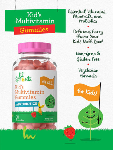 Carlyle Kids Multivitamin Gummies with Probiotics | 60 Chewables | Berry Flavor | Vegetarian Non-GMO Gluten Children's Supplement | by Lil' Sprouts | Packaging May Vary