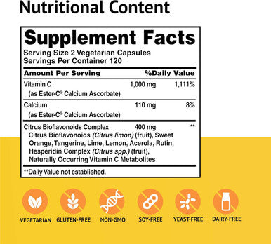 American Health Ester-C 500 mg with Citrus Bioflavonoids - 240 Capsules - Gentle On Stomach, Non-Acidic Vitamin C - Non-GMO, Gluten Free - 120 Servings