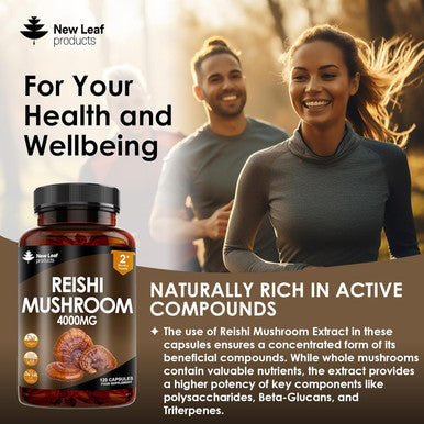 Reishi Mushroom Capsules - High Strength 4000Mg Mushroom Supplements - 120 Vegan Mushroom Powder Capsules - Reishi Supplement 100% From The Fruiting Body Made In Uk By Leaf