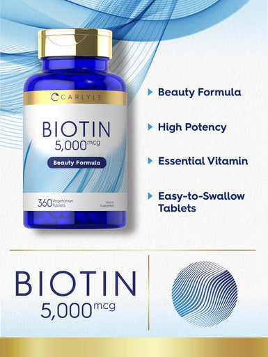 Carlyle Biotin 5000mcg | 360 Vegetarian Tablets | Beauty Formula Supplement | Non-GMO Gluten