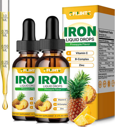 Liquid Iron Supplement For Women Men & Kids Multivitamin Iron Drops With Folate, Vitamin C, B6, B12, Zinc For Anemia, Iron Deficiency, Blood Builder, Energy - Natural Pineapple Flavor, Vegan 4 Fl Oz