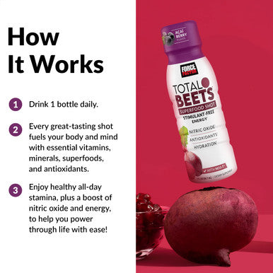 Force Factor Total Beets Superfood Ss for Healthy All-Day Stamina, Energy Drink Alternative with Beet Root Powder, Vitamins, & Antioxidants, Nitric Oxide Energy S, Berry, 3 Fl Oz (6-Pack)