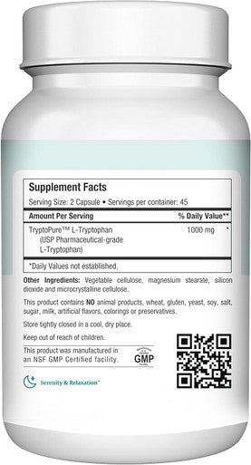 Maxi Health L-Tryptophan 500mg - Pharmaceutical Grade - Mood & Sleep Formula - 90 Capsules - Kosher