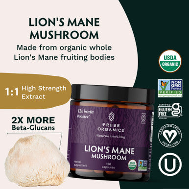 TRIBE ORGANICS Lion's Mane Supplement 1800mg Mushroom Extract Powder 120 Vegan Capsules