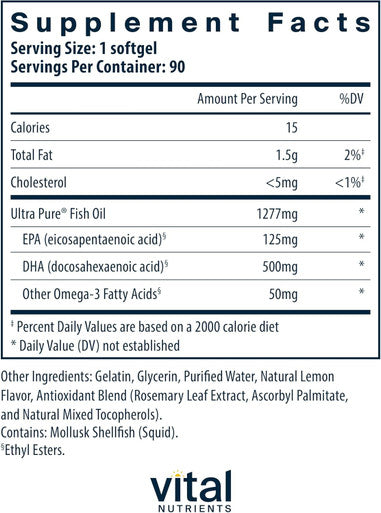 Vital Nutrients Ultra Pure Fish Oil 675 | Supports Brain Development & Function | Sustainably Sourced High DHA Omega-3 Fatty Acid | Lemon Flavor | Gluten Dairy & Soy | 90 Softgels