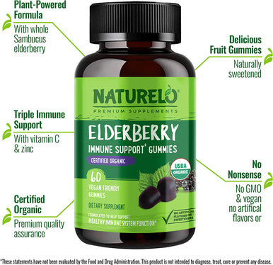 NATURELO Elderberry Gummies Ãƒâ€šÃ¢â‚¬â€œ Immune Support with Sambucus Elderberry + Vitamin C + Zinc Ãƒâ€šÃ¢â‚¬â€œ Certified Organic, 60ct