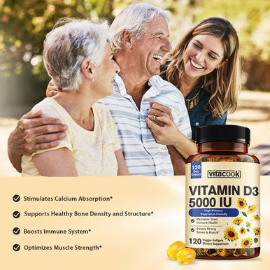Vitacook Vitamin D3, 5000 Iu (125 Mcg), 4 Months Supply For Supporting Cardiovascular Health, Strong Bones & Muscle Function, Vegetarian, Once Daily, Non-Gmo, 120 Softgels