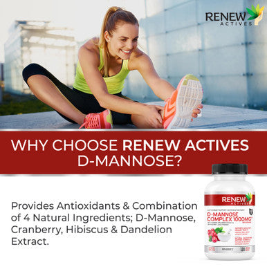 Renew Actives High Potency D-Mannose & Cranberry Complex 1000Mg With Premium Hibiscus, Dandelion Herb Extracts Antioxidant Support - No Artificial Flavours - Easy To Swallow Capsules