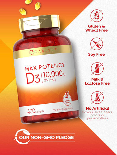 Carlyle Vitamin D 10000 IU 400 Softgels | Value Size | Max Potency | Non-GMO Gluten Supplement