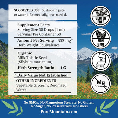Pure Mountain Botanicals Milk Thistle Extract - Vegan, Kosher Certified Liquid Formula - Made With 333Mg Organic Milk Thistle Tincture - 1 Fl Oz Bottle