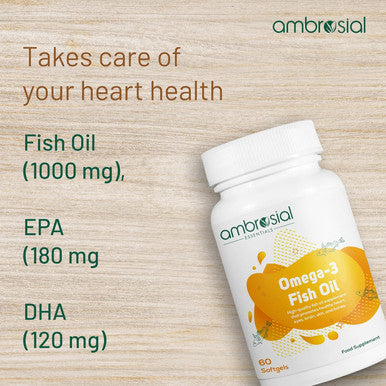 Ambrosial Ambrosial Omega 3 Fish Oil supplement 1000mg with 180mg EPA & 120mg DHA | Premium Fatty Acids| Supports Heart Brain & Eye Health 1000mg per Tablet (Pack of 1-60 Softgel)