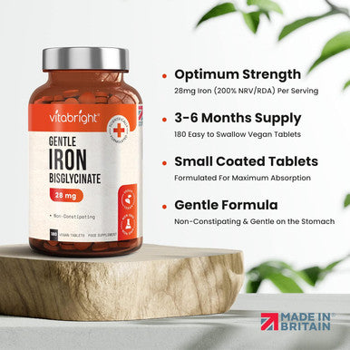 Vitabright Gentle Iron Tablets High Strength 28mg Vegan Iron Tablets Women & Men Chelated (Organic) Iron Supplements for Women & Teens Energy Tablets for Tiredness VitaBright Strong Iron Bisglycinate