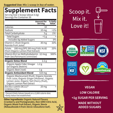 Garden of Life Organic Beet Root Powder With Antioxidants Vitamin C Probiotics & Apple Cider Vinegar For Digestive & Liver Health Beets Detox Vegan Non Gmo Cranberry Pomegranate 30 Servings