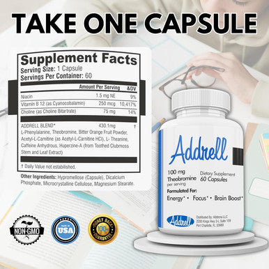 Addrell Energy Stimulant Pills- Natural Study Supplements Alternative Pill & Nootropic Brain Supplement Substitute To Elevate Mental Clarity For Women & Men Otc- 60 Mind Booster Capsules