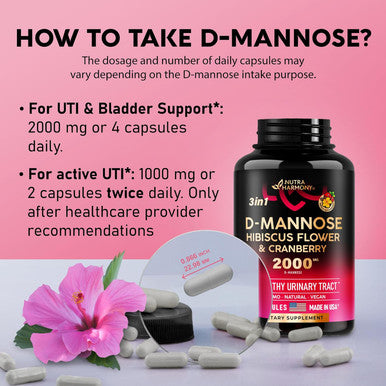 NUTRAHARMONY D-Mannose 2000Mg Capsules - 3-In-1 Urinary Tract Health Supplement - Natural Bladder, Liver & Digestive Support With Cranberry & Hibiscus Flower - Made In Usa - For Women & Men - 120 Vegan Pills