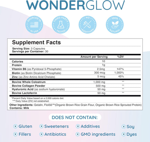 WONDERCOW Hair Skin and Nails Vitamins w/Bovine Colostrum Collagen Hyaluronic Acid Biotin Zinc and Lactoferrin Supports Faster Hair Growth Stronger Nails and Glowing Skin (30 Servings Capsule)