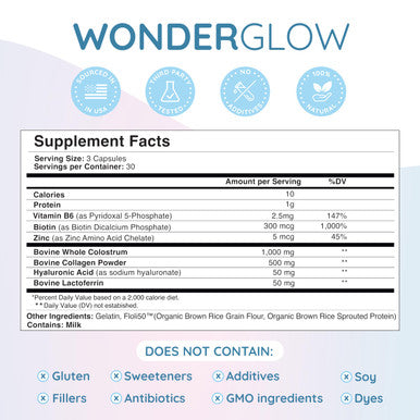 Wondercow Hair Skin And Nails Vitamins W/Bovine Colostrum Collagen Hyaluronic Acid 30 Servings