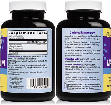 InnovixLabs Advanced Magnesium High Absorption Magnesium Glycinate Magnesium Malate Highly Bioavailable Chelated Magnesium 210 mg per Serving Soy Gluten NonGMO Vegan 150 Capsules