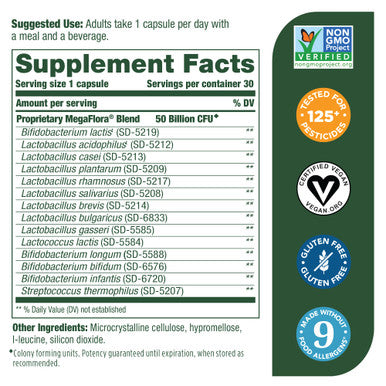 MegaFood Megaflora Probiotic Plus - Probiotics For Women And Men - 50 Billion Cfus & 14 Strains - Probiotics For Digestive Health & Immune Support - Vegan - Made Without 9 Food Allergens - 30 Caps