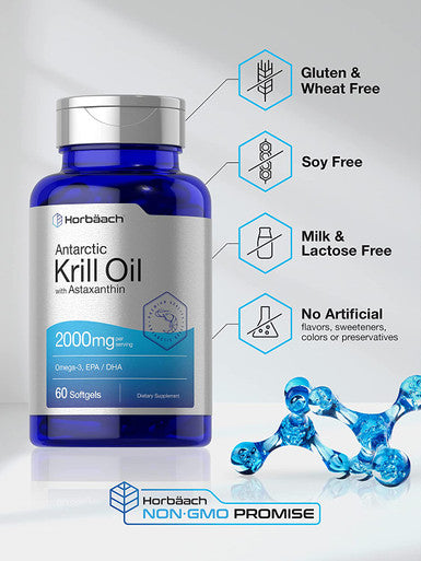 Antarctic Krill Oil 2000mg | 60 Softgel Capsules | Omega-3, EPA, DHA Supplement | with Astaxanthin | Non-GMO, Gluten Free | by Horbaach