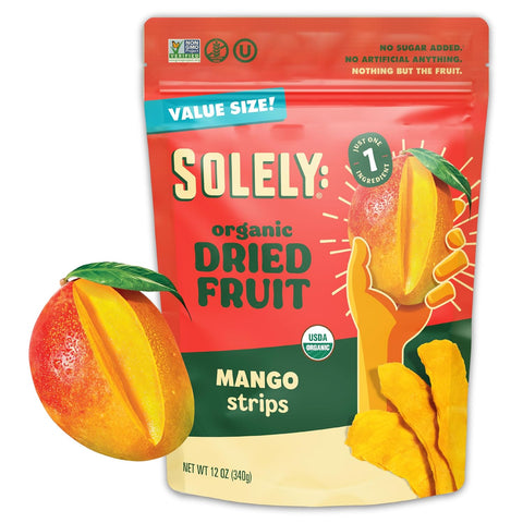 SOLELY - Organic Dried Mango Strips (5 oz Resealable Bags, Pack of 6) - Real Fresh Fruit - 1 Ingredient - Healthy Snacks for Adults & Kids - Non GMO, Vegan Snacks, Shelf Stable - 6 Bags (30 oz)