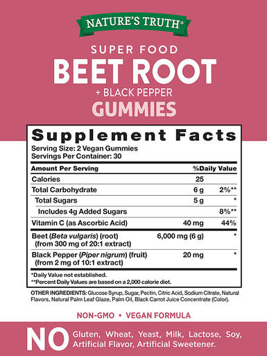 Beet Root Gummies | 60 Count | Vegan, Non-GMO & Gluten | Super Food Supplement | with Black Pepper | Natural Strawberry Flavor | by Nature's Truth