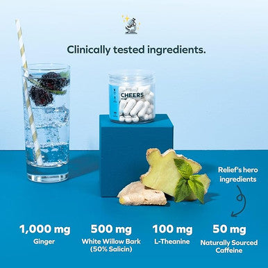 Cheers Relief | Next Morning Aid with Ginger + White Willow Bark | Feel Better After Drinking | 12 Doses Ginger, White Willow Bark, L-Theanine, Caffeine