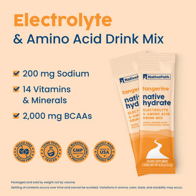 NativePath Native Hydrate Stick Packs Sugar Free Electrolytes Powder with BCAAs Tangerine Hydration Keto & Paleo Friendly 30 Servings