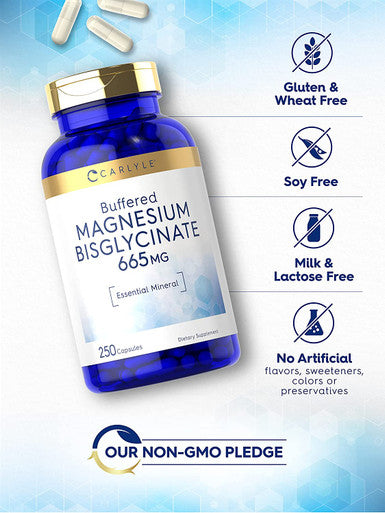Buffered Magnesium Bisglycinate 665 mg | 250 Capsules | Chelated Essential Mineral | Non-GMO and Gluten Free Supplement | by Carlyle