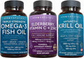 Antarctic Krill Oil, Elderberry Vitamin C & Zinc and Triple-Strength Omega 3 Fish Oil Bundle, 1250 mg Krill Oil & 2,200 mg Fish Oil Providing Omega 3 EPA and DHA, Elderberry for Immune Support