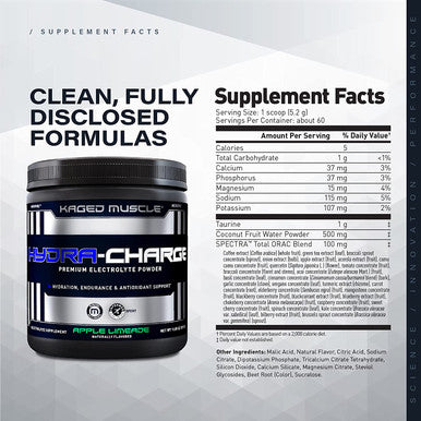 Electrolytes, Kaged Muscle Hydra-Charge Premium Electrolyte Powder, Hydration Electrolyte Powder, Pre Workout, Post Workout, Intra Workout, Apple Limeade, 60 Servings