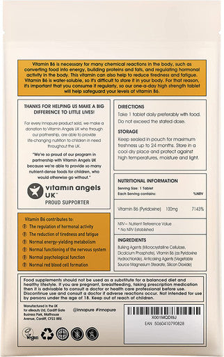 INNOPURE Vitamin B6 Tablets 100mg (As Used in Reading University Clinical Trials) Vegan Society Approved, UK Made