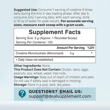 Deal Supplement Creatine Monohydrate Powder 600 Grams (1.32lb) Unflavored | Pure | Micronized Creatine Powder 5000mg(5g) Per Serving 4 Month Supply Vegan | Keto Non-GMO No Filler No Additives - 120 Servings