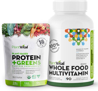 Plantvital Bundle Unflavored Organic Vegan Protein Powder - 18 Superfoods, And Whole Foods Multivitamins With 56 Superfoods For Your Daily Nutrients Needs.