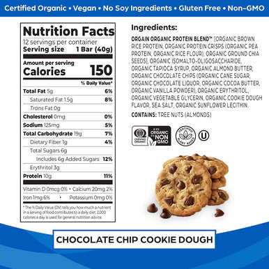 Orgain Organic Plant Based Protein Bar Chocolate Chip Cookie Dough 10g of Protein Vegan Gluten Non Dairy Soy Lactose Kosher NonGMO 1.41 Ounce 12 Count