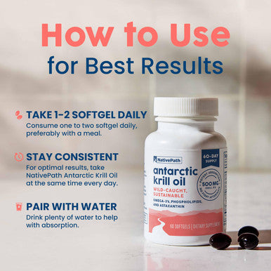 NativePath Antarctic Krill Oil - Wild-Caught Omega 3 Krill Oil 500mg Softgels with EPA DHA and Astaxanthin - Supplement for Joint Heart Brain and Immunity - 60 ct - No Fishy Aftertaste